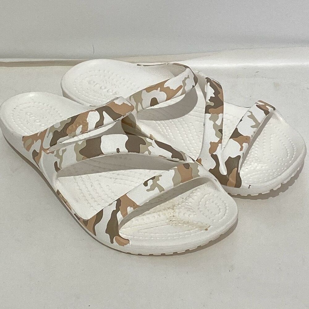 Crocs Kadee II Women's Camo Slide‎ Slip On Wedge Sandals White Brown Size W5